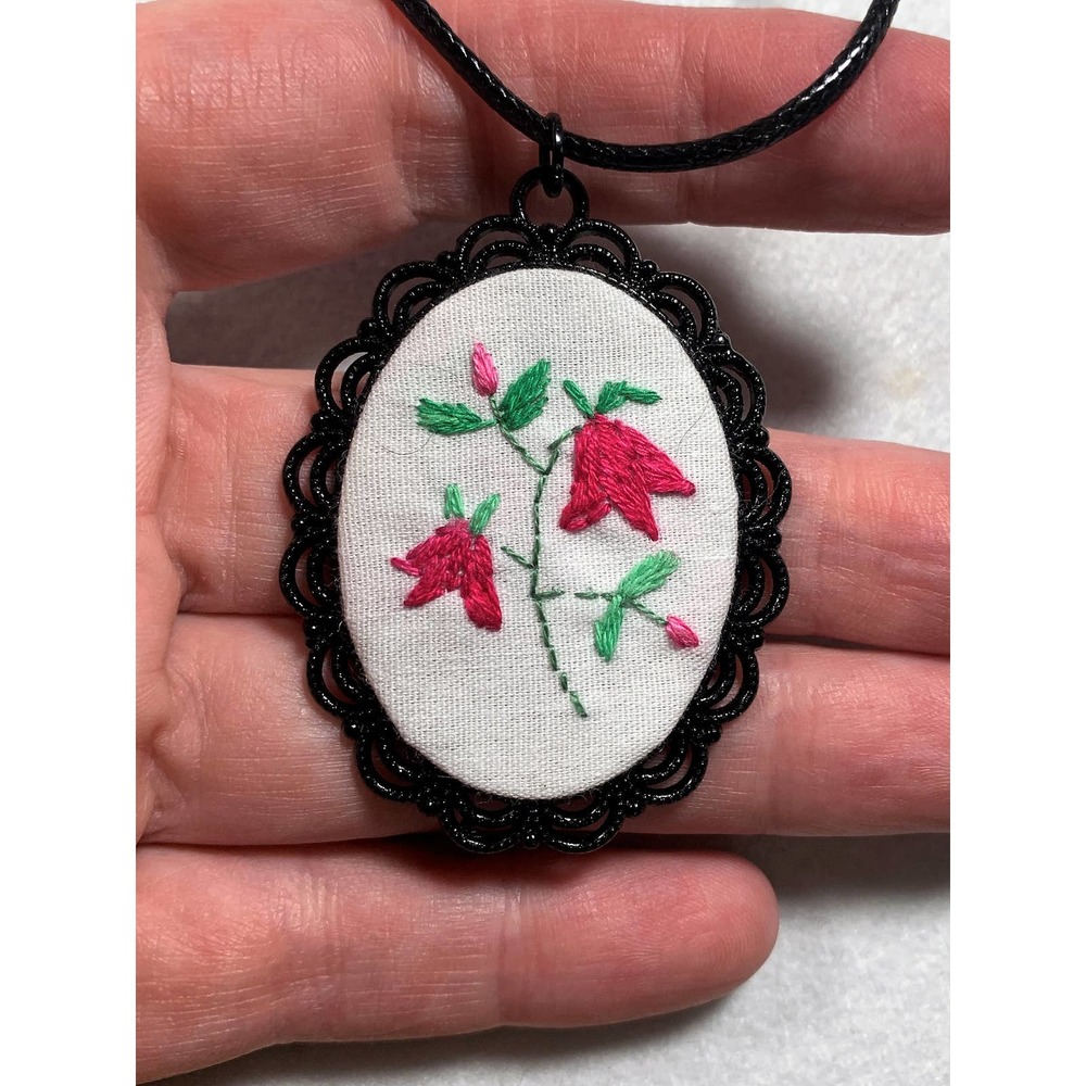 Handmade Pink Flower Embroidery Necklace in Decorative Black Bezel